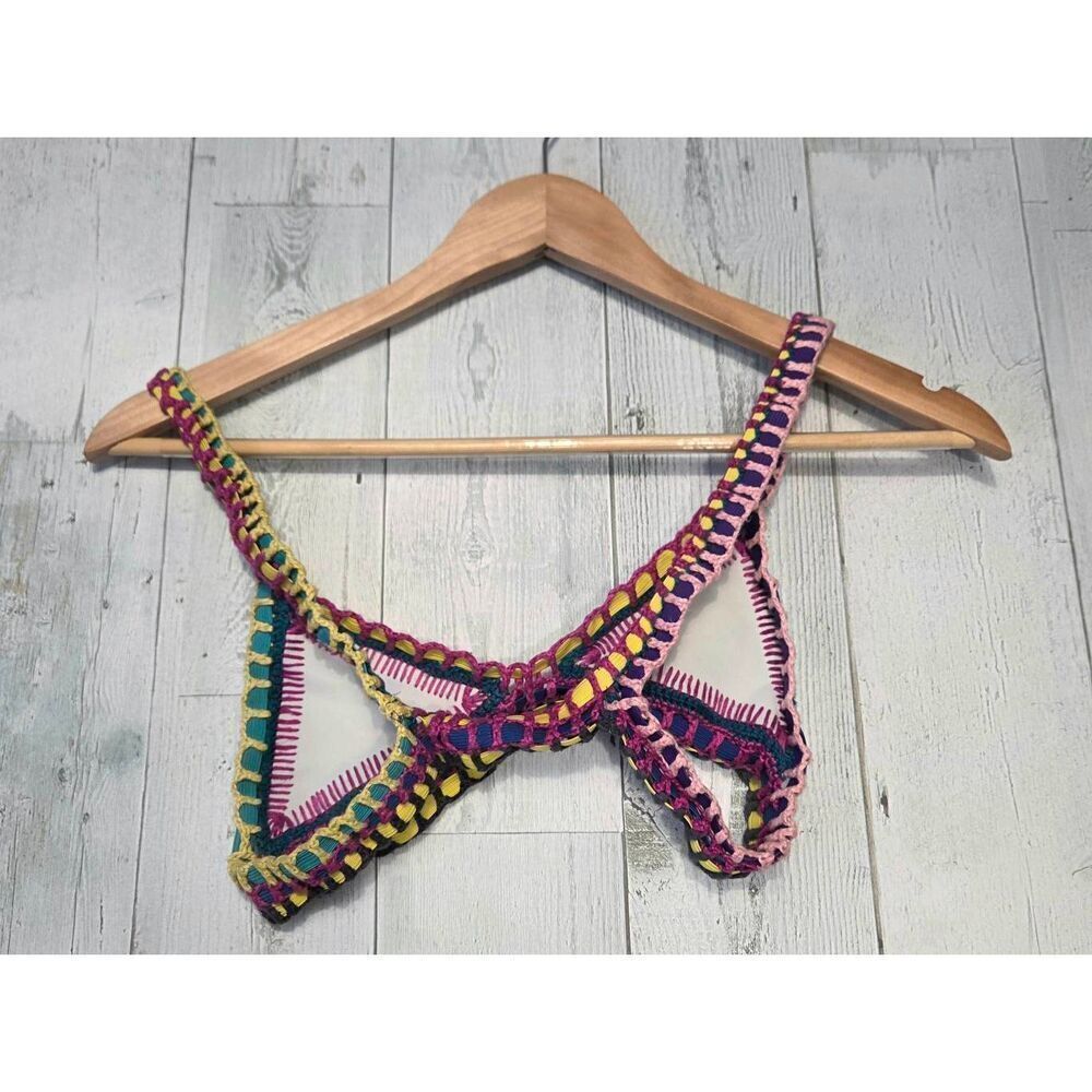 Bikini Yaz White Bust Multicolor Crochet Bikini Top Sz. S - Picture 4 of 8